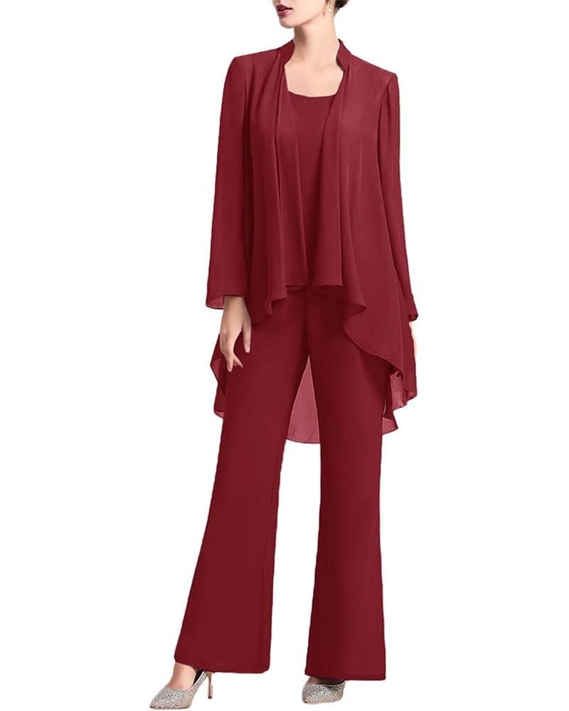 3 PCS Chiffon Mother's Outfit Pants Suits with Tank Top and Draped Cardigan for Wedding Party Burgundy a $18.02 Suits