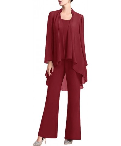 3 PCS Chiffon Mother's Outfit Pants Suits with Tank Top and Draped Cardigan for Wedding Party Burgundy a $18.02 Suits