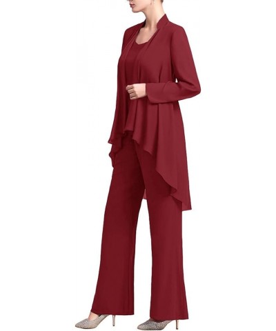 3 PCS Chiffon Mother's Outfit Pants Suits with Tank Top and Draped Cardigan for Wedding Party Burgundy a $18.02 Suits