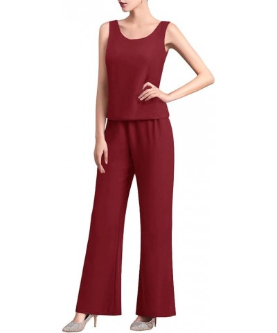 3 PCS Chiffon Mother's Outfit Pants Suits with Tank Top and Draped Cardigan for Wedding Party Burgundy a $18.02 Suits