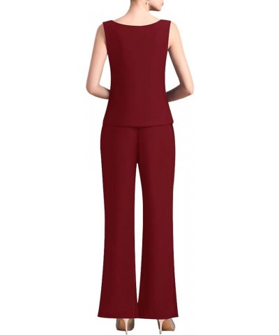 3 PCS Chiffon Mother's Outfit Pants Suits with Tank Top and Draped Cardigan for Wedding Party Burgundy a $18.02 Suits