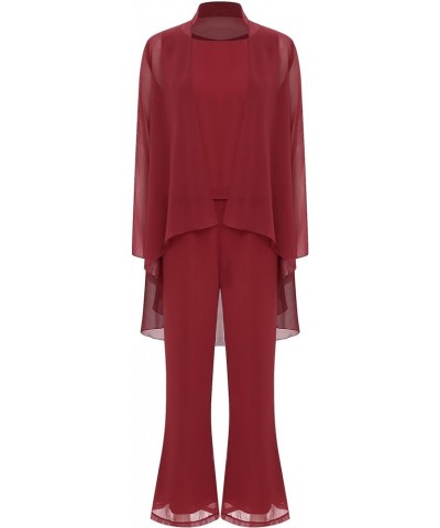 3 PCS Chiffon Mother's Outfit Pants Suits with Tank Top and Draped Cardigan for Wedding Party Burgundy a $18.02 Suits