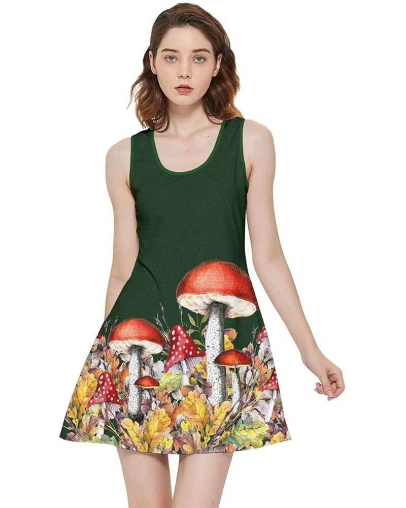 Womens Autumn Floral and Mushroom Pattern Inside Out Reversible Sleeveless Dress, XS-5XL Dark Green Fall $16.11 Dresses