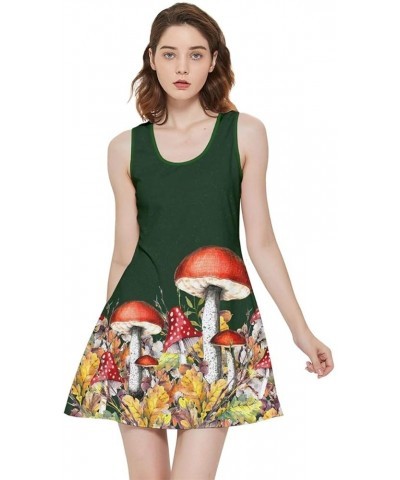 Womens Autumn Floral and Mushroom Pattern Inside Out Reversible Sleeveless Dress, XS-5XL Dark Green Fall $16.11 Dresses