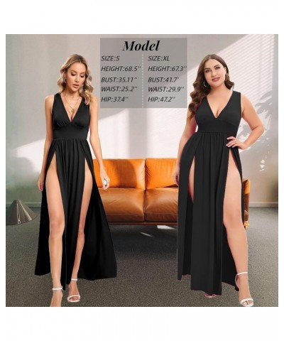 Women's Summer 2024 Sexy Double High Slit Deep V Neck Plus Size Sundresses Thigh Split Maxi Club Party Dresses Sleeveless 1na...