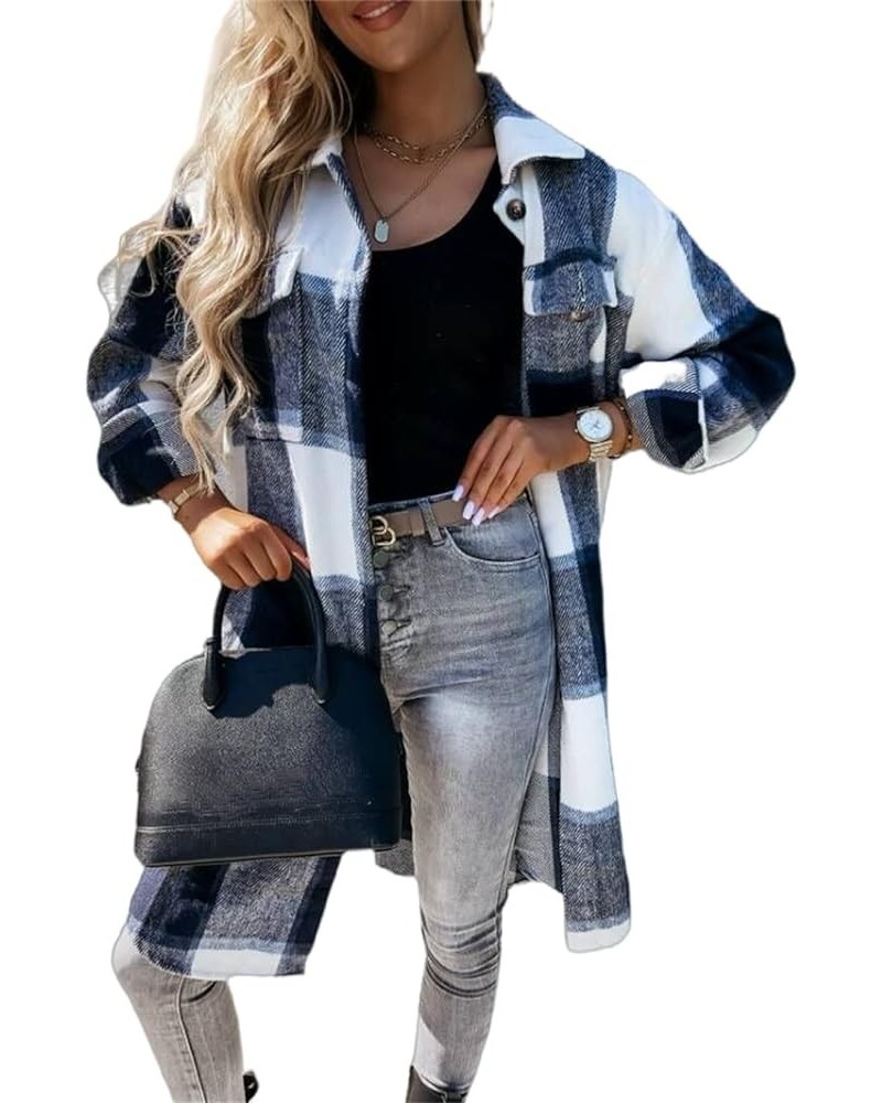 Womens Long Flannel Jacket Long Sleeve Plaid Shacket Casual Lapel Trendy Long Coat Fall Cozy Tartan Long Shirts B-black $10.3...