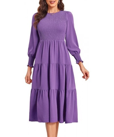 Long Sleeve Midi Dress: Women's Casual Smocked Ruffle Boho Flowy Tiered Dresses Purple $13.86 Dresses