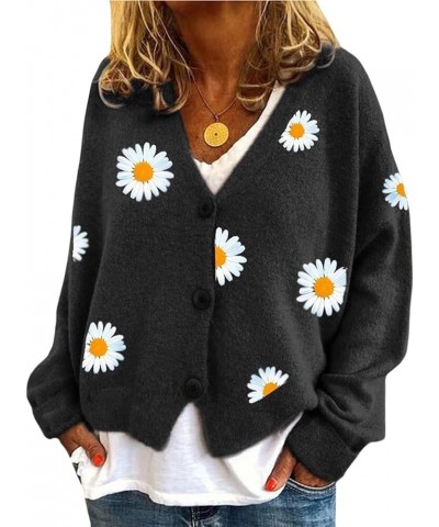 Women's Floral Print Cardigan Sweaters Long Sleeve V Neck Button Daisy Knit Cardigan Loose Cottagecore Sweater Top Daisy2-bla...