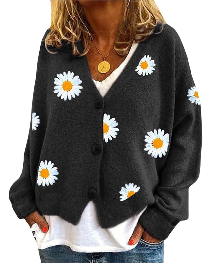 Women's Floral Print Cardigan Sweaters Long Sleeve V Neck Button Daisy Knit Cardigan Loose Cottagecore Sweater Top Daisy2-bla...