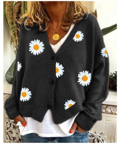 Women's Floral Print Cardigan Sweaters Long Sleeve V Neck Button Daisy Knit Cardigan Loose Cottagecore Sweater Top Daisy2-bla...