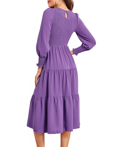 Long Sleeve Midi Dress: Women's Casual Smocked Ruffle Boho Flowy Tiered Dresses Purple $13.86 Dresses