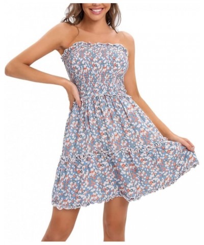 Women's Summer Spaghetti Strap Cover Up Strapless Dresses Ruffle Tube Top Beach Mini Dress Light Blue Flower $10.39 Swimsuits