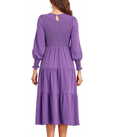 Long Sleeve Midi Dress: Women's Casual Smocked Ruffle Boho Flowy Tiered Dresses Purple $13.86 Dresses