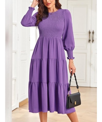 Long Sleeve Midi Dress: Women's Casual Smocked Ruffle Boho Flowy Tiered Dresses Purple $13.86 Dresses