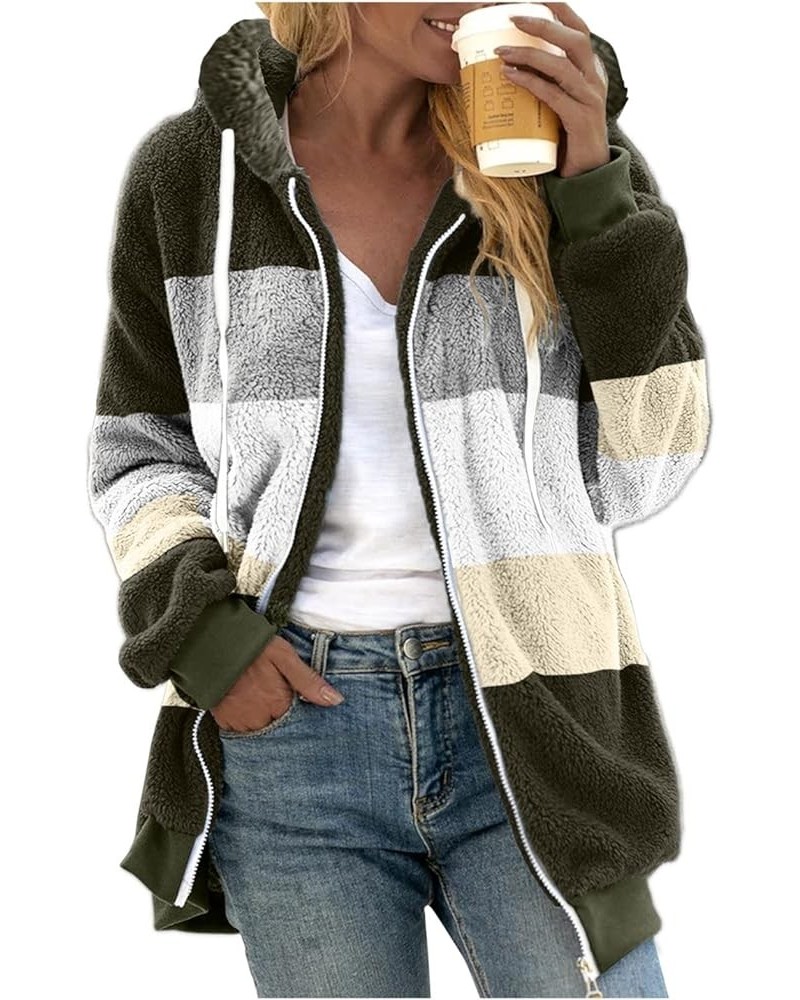 Womens 2023 Fall Winter Fuzzy Fleece Jacket Hooded Color Block Patchwork Cardigan Coats Outerwear with Pockets 11-army Green ...