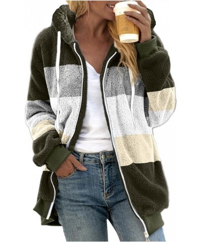 Womens 2023 Fall Winter Fuzzy Fleece Jacket Hooded Color Block Patchwork Cardigan Coats Outerwear with Pockets 11-army Green ...