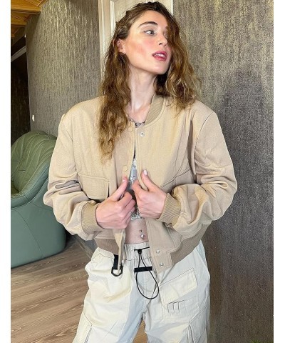 Women's Button Down Bomber Jacket Drop Shoulder Short Cropped Coat Outwear Khaki $20.58 Jackets