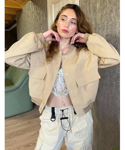 Women's Button Down Bomber Jacket Drop Shoulder Short Cropped Coat Outwear Khaki $20.58 Jackets