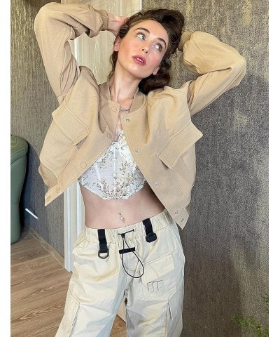 Women's Button Down Bomber Jacket Drop Shoulder Short Cropped Coat Outwear Khaki $20.58 Jackets