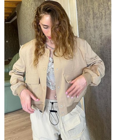 Women's Button Down Bomber Jacket Drop Shoulder Short Cropped Coat Outwear Khaki $20.58 Jackets