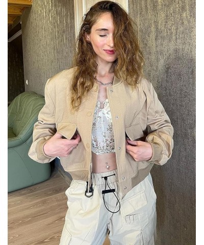 Women's Button Down Bomber Jacket Drop Shoulder Short Cropped Coat Outwear Khaki $20.58 Jackets