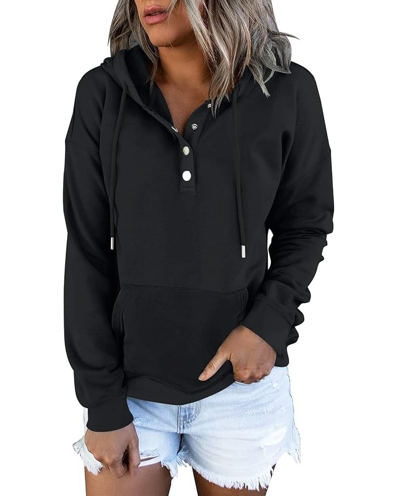 Women's Color Block Hoodies Tops Long Sleeve Casual Drawstring Button Down Pullover Sweatshirt with Pocket Pure Black $22.40 ...