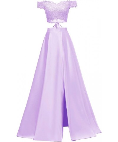 Off Shoulder Prom Dresses 2024 Long Two Piece Lace Satin Slit Formal Evening Dresses for Women Lilac $45.12 Dresses