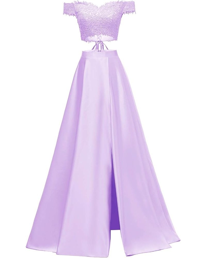 Off Shoulder Prom Dresses 2024 Long Two Piece Lace Satin Slit Formal Evening Dresses for Women Lilac $45.12 Dresses