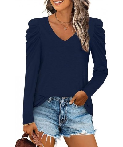 Women's Long Puff Sleeve V-Neck Tunic Tops Casual T-shirt Basic Blouse Loose Tee For Legging Navy Blue $15.39 Tops