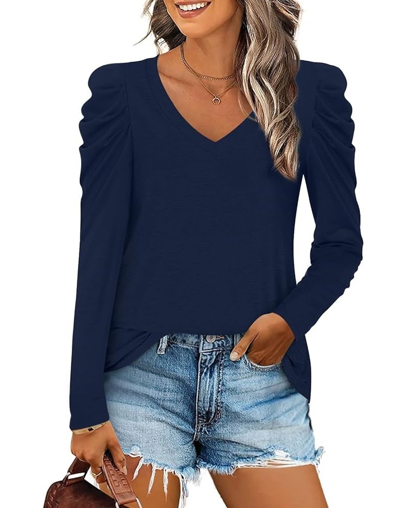 Women's Long Puff Sleeve V-Neck Tunic Tops Casual T-shirt Basic Blouse Loose Tee For Legging Navy Blue $15.39 Tops