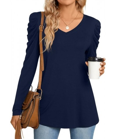 Women's Long Puff Sleeve V-Neck Tunic Tops Casual T-shirt Basic Blouse Loose Tee For Legging Navy Blue $15.39 Tops