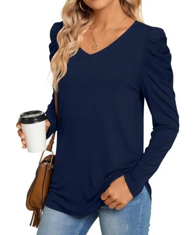 Women's Long Puff Sleeve V-Neck Tunic Tops Casual T-shirt Basic Blouse Loose Tee For Legging Navy Blue $15.39 Tops