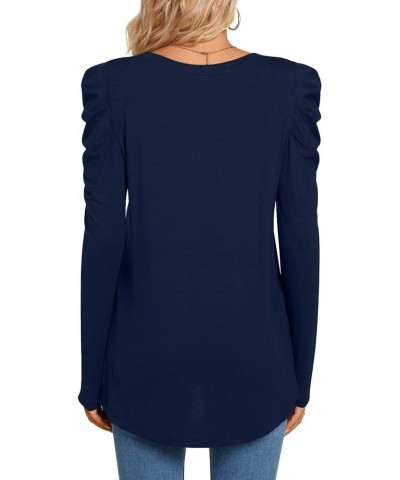 Women's Long Puff Sleeve V-Neck Tunic Tops Casual T-shirt Basic Blouse Loose Tee For Legging Navy Blue $15.39 Tops