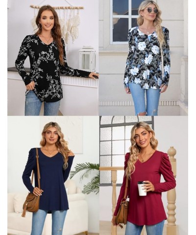 Women's Long Puff Sleeve V-Neck Tunic Tops Casual T-shirt Basic Blouse Loose Tee For Legging Navy Blue $15.39 Tops