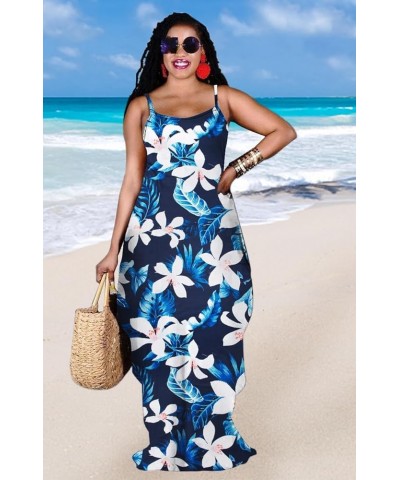 Women's Summer Plus Size Hawaiian Dresses Tie Dye Spaghetti Strap Maxi Dress Beach Boho Sundress Elegant Blue Flower $14.35 D...