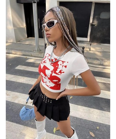 Women's Letter Graphic Print Short Sleeve Tee Shirt Crop Top White and Red $12.95 T-Shirts