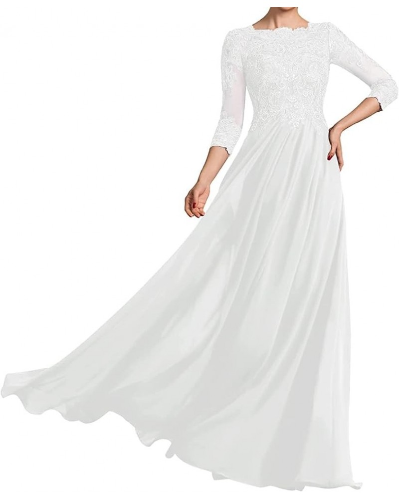 Scoop Neck Mother of The Bride Dress for Wedding 3/4 Sleeves Laces Applique Long Mother of The Groom Dress White $43.85 Dresses