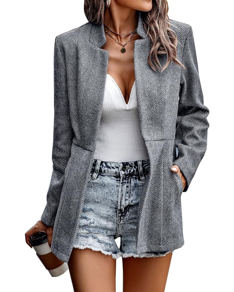 Women's Open Front Blazer Long Sleeve Stand Collar Solid Trench Business Work Office Jacket Outwear Gray $24.59 Blazers