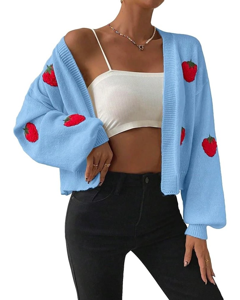 Women's Strawberry Embroidery Cardigan Drop Shoulder Long Sleeve Open Front Cardigan Sweater Blue $14.35 Sweaters