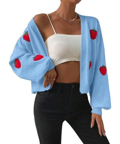 Women's Strawberry Embroidery Cardigan Drop Shoulder Long Sleeve Open Front Cardigan Sweater Blue $14.35 Sweaters