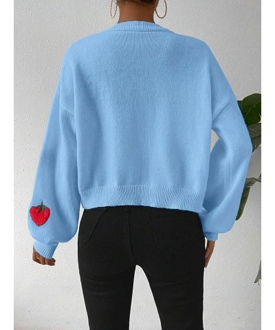 Women's Strawberry Embroidery Cardigan Drop Shoulder Long Sleeve Open Front Cardigan Sweater Blue $14.35 Sweaters