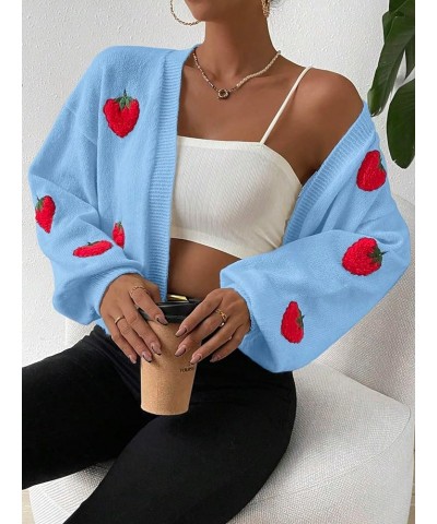 Women's Strawberry Embroidery Cardigan Drop Shoulder Long Sleeve Open Front Cardigan Sweater Blue $14.35 Sweaters