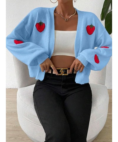 Women's Strawberry Embroidery Cardigan Drop Shoulder Long Sleeve Open Front Cardigan Sweater Blue $14.35 Sweaters