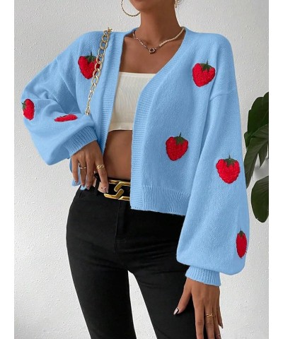 Women's Strawberry Embroidery Cardigan Drop Shoulder Long Sleeve Open Front Cardigan Sweater Blue $14.35 Sweaters