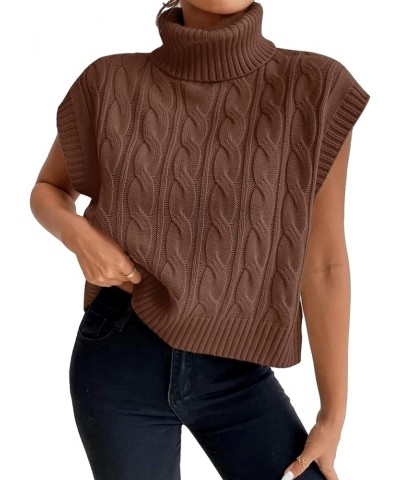 Women's Casual Sleeveless Turtleneck Sweater Vest Cable Knitted Vests Solid Tank Top Sweaters Brown $10.99 Sweaters