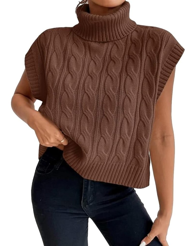 Women's Casual Sleeveless Turtleneck Sweater Vest Cable Knitted Vests Solid Tank Top Sweaters Brown $10.99 Sweaters