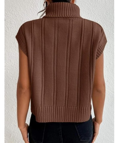 Women's Casual Sleeveless Turtleneck Sweater Vest Cable Knitted Vests Solid Tank Top Sweaters Brown $10.99 Sweaters