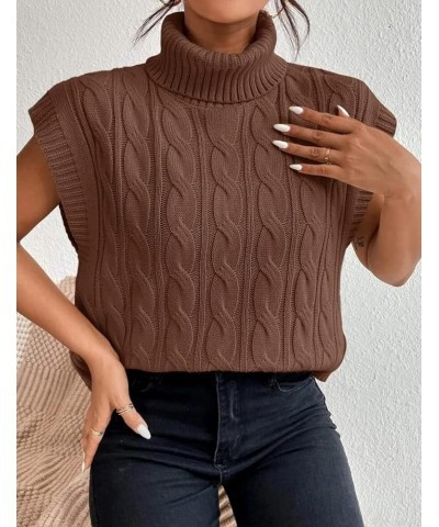 Women's Casual Sleeveless Turtleneck Sweater Vest Cable Knitted Vests Solid Tank Top Sweaters Brown $10.99 Sweaters