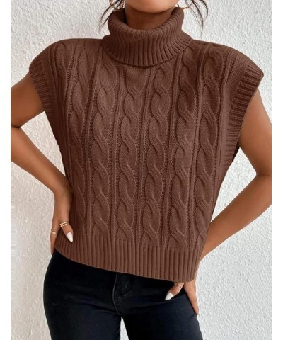 Women's Casual Sleeveless Turtleneck Sweater Vest Cable Knitted Vests Solid Tank Top Sweaters Brown $10.99 Sweaters