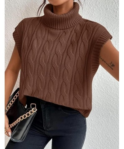 Women's Casual Sleeveless Turtleneck Sweater Vest Cable Knitted Vests Solid Tank Top Sweaters Brown $10.99 Sweaters